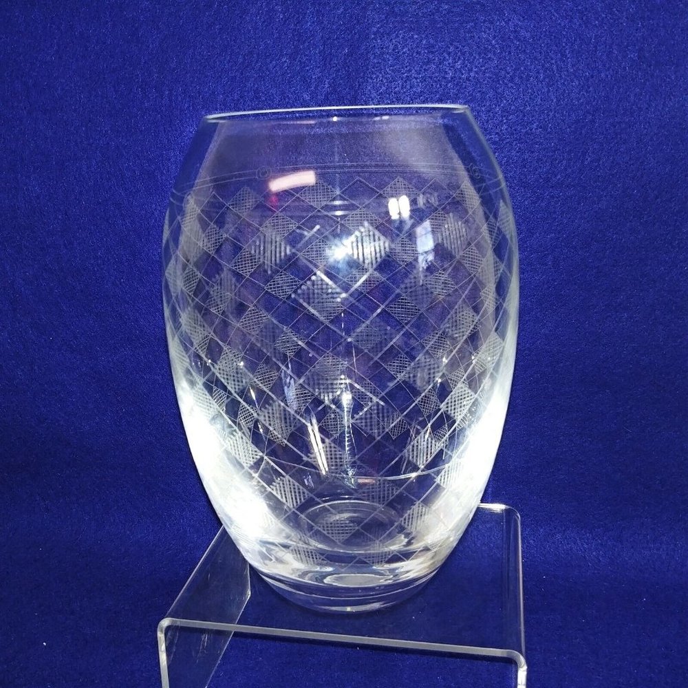 Crystal Vase Plaid Diamond Etched Design Pattern Collectible Vintage 7"